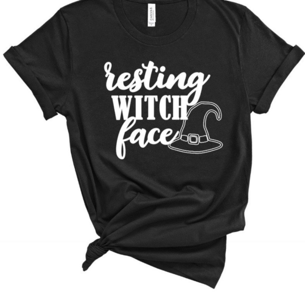 Black Graphic Tee with Witch Hat Design